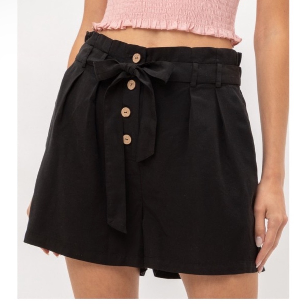 High-Waist Tie-Belt Black Paperbag Shorts